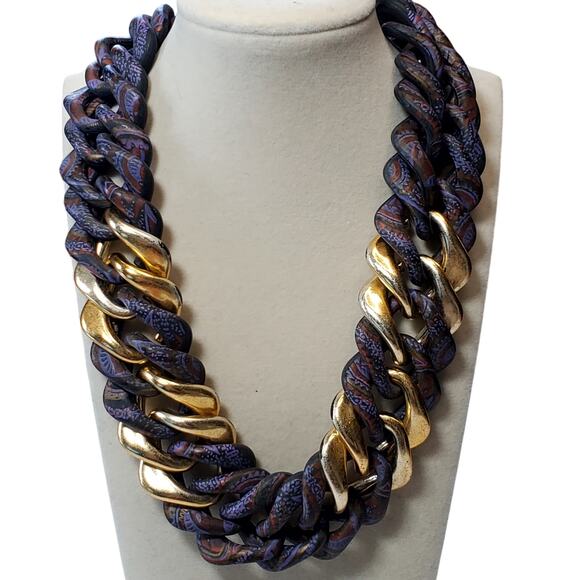 Vtg Large Chain Link Necklace Purple Gold Hook Clasp 16" Chunky Statement - Picture 2 of 5